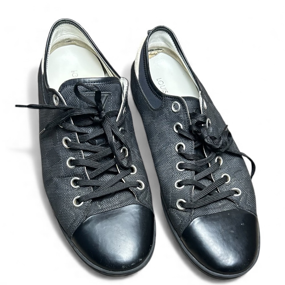 Louis Vuitton Graphite Damier Nylon|Black Leather Cap Toe Sneakers Size 7.5 Mens - Picture 5 of 12